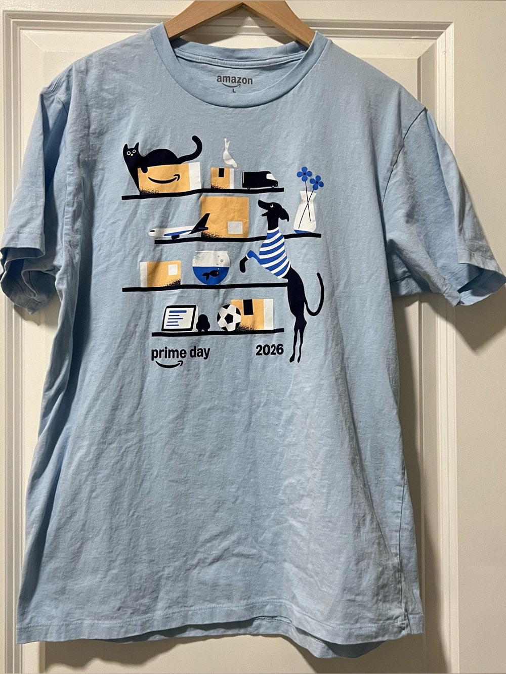 Amazon Prime Day Employee Size Large T-Shirt 2026 Light Blue Pet Design